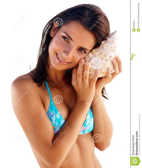 Lady With A Conch Shell Isolated Over White Stock Image Image Of