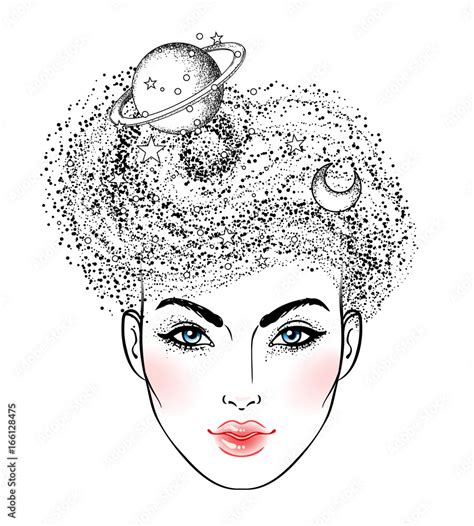 The Girl Face With The Space Inside Her Head Dotwork Tattoo Flash