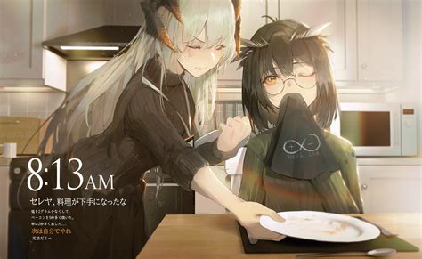 2girls Arknights Black Hair Blush Glasses Gray Hair Horns Kuroduki Long