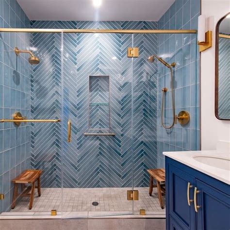 Light Blue Herringbone Tiled Shower In A San Francisco Home [1169x1169] Roomporn