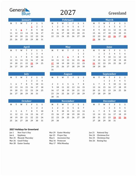 2027 Holiday Calendar For Greenland Monday Start