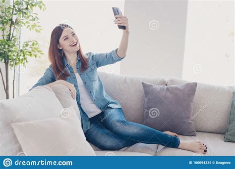 Photo Of Amazing Lady Telephone In Hands Making Selfies For Social Network Blog Sitting Comfy