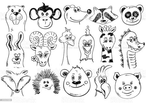 Set Of Funny Sketch Animal Face Icons Stock Illustration Download