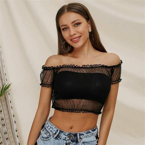 women sexy off shoulder lace crop tops short sleeve vest shirt blouse female strapless sexy lace