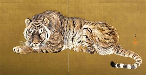 Ohashi Suiseki Pair Of Folding Screens Depicting Two Tigers 1912