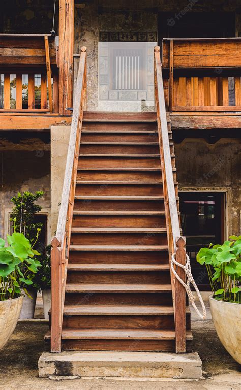 Premium Photo Outdoor Old Wooden Stairs With Staircase Railing