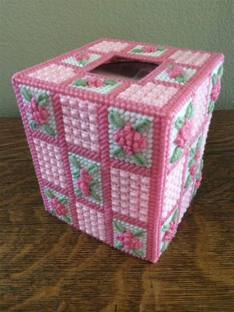 Handmade Needlepoint Plastic Canvas Tissue Box Cover Bubblegum Floral