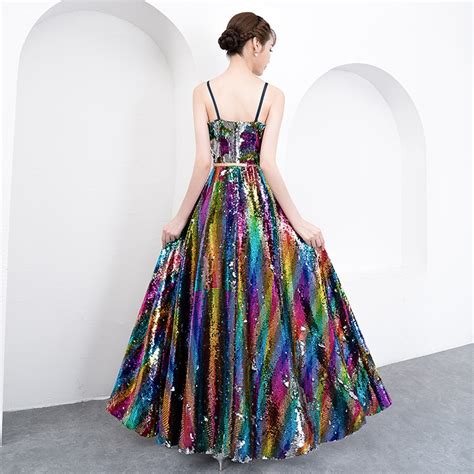 Womens Long Sequined Bling Bling Dress Rainbow Glitter Longer Party