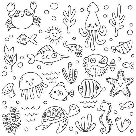 Premium Vector Set Of Cute Sea Animals In Doodle Style