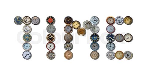 Viele Verschiedene Uhren Bilden Zusammen Deas Wort Time Stock Bild