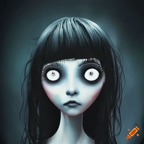 Portrait Of A Girl With Black Hair And Bangs In Tim Burton Style On Craiyon