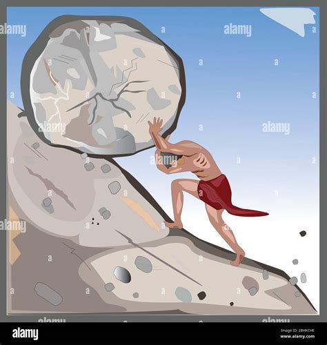 Sisyphus Un Homme Mythique Musclé Pousse Une Grosse Roche Ou Une Grosse
