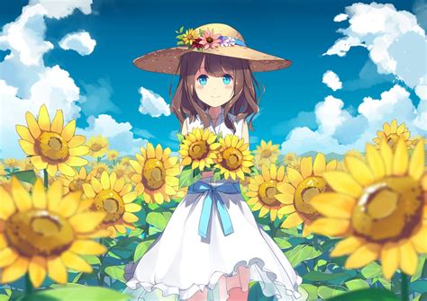 Wallpaper Anime Girl Sunflowers Field Land Summer