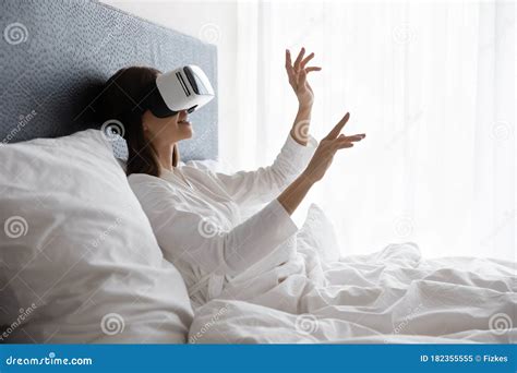woman wearing virtual reality headset enjoy total immersion 3d experience stock image image of