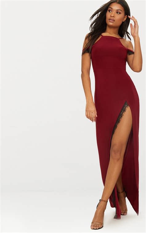 Burgundy Lace Trim Cold Shoulder Extreme Split Maxi Dress