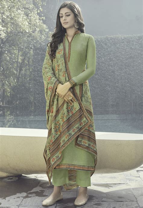 Embroidered Muslin Silk Pakistani Suit In Light Green Kuf15122