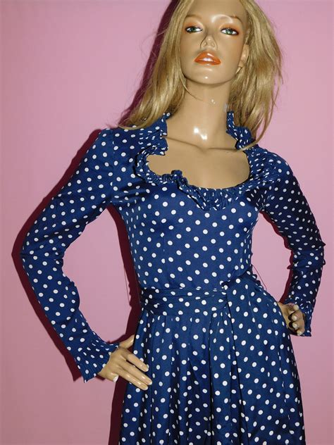 vintage 70s victor costa navy white polka dot ruffled dress 8 10 s 1970s swing party cocktail