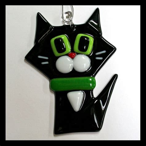 Glassworks Northwest Black Cat W White Cheeks Fused Glass