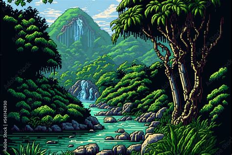 Rainforest Landscape With River 16 Bit Pixel Art Style Ai Digital