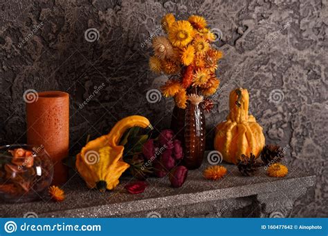 Beautiful Vintage Autumn Composition With Pumpkins A
