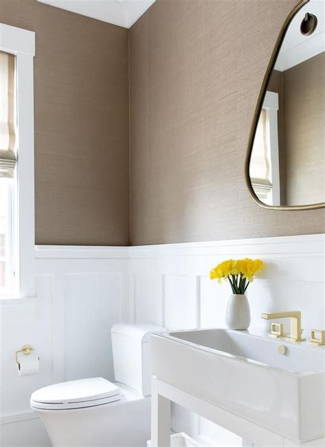 Taupe Grasscloth Powder Room Wallpaper With Board And Batten Trim