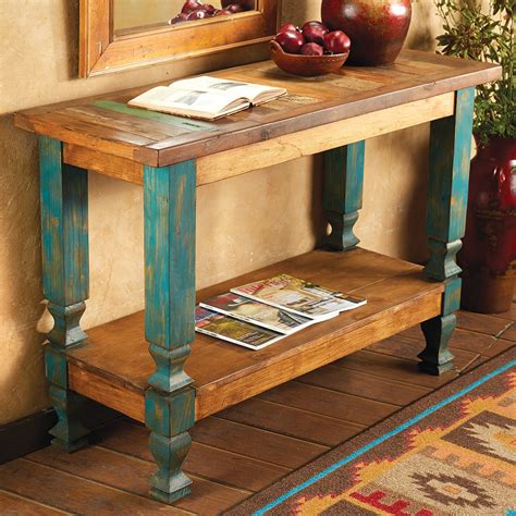 It is a beautifully crafted, solid mesquite sofa table featuring an exquisite turquoise inlay throughout. Western Furniture: Old Wood Turquoise Console Table|Lone Star Western Decor