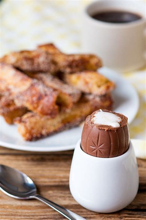 Soak thick slices of bread in an egg and milk batter, then fry them to crisp up the outside and cook the egg custard . Cinnamon French toast soldiers dipped in a Creme Egg ...