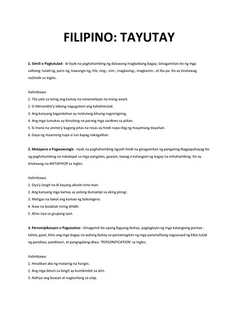 Solution Filipino Mga Tayutay O Figures Of Speech Studypool