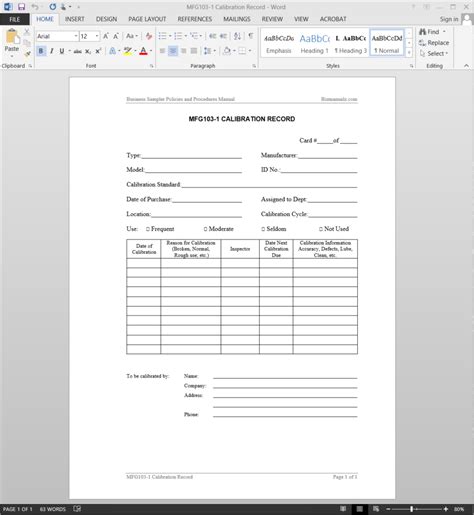 Calibration Worksheet Template