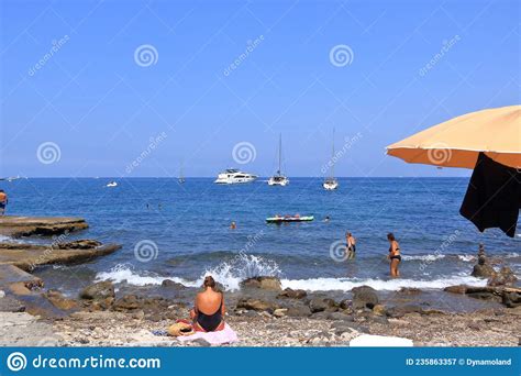 July 22 2021 Ischia Italy Crowd Of Resting Tourists On Public Beach Of Ischia Stock Image