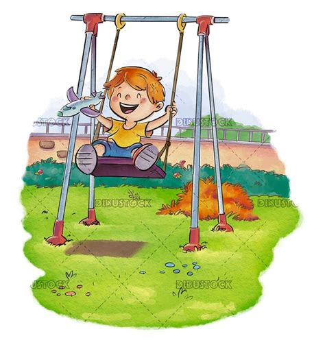 Niño En Un Columpio En El Jardín Dibustock Ilustraciones Infantiles