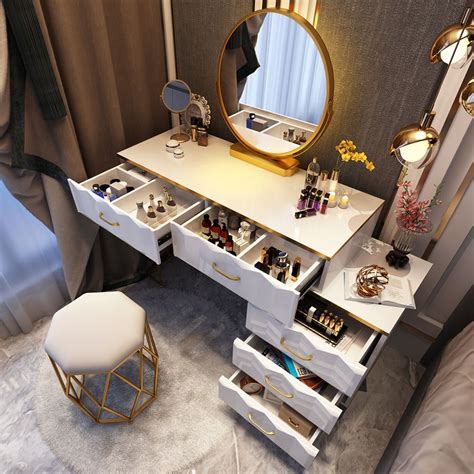 Modern White Makeup Vanity Expandable Dressing Table With Cabinet