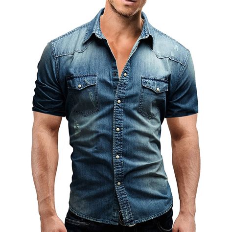 2018 Summer Men Denim Shirt Fashion Short Sleeve Turn Down Collar