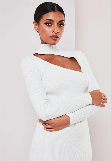 White Cut Out High Neck Knitted Midaxi Dress Missguided