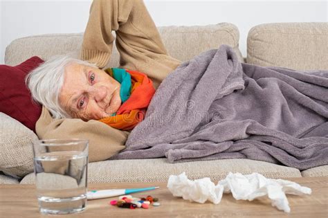 Senior Woman Having Influenza Stock Photo Image Of Cough Drink