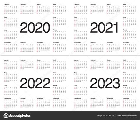 Year 2020 2021 2022 2023 Calendar Vector Design Template — Stock Photo