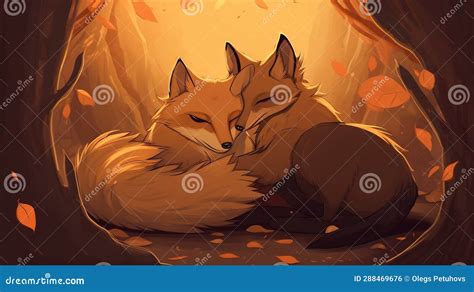 A Couple Of Foxes Laying Next To Each Other In A Forest Stock Illustration Illustration Of