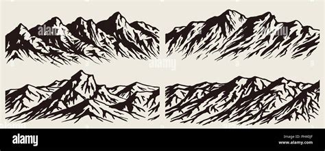 Set Of Isolated Huge Mountains Silhouettes Vector Mountain Ranges