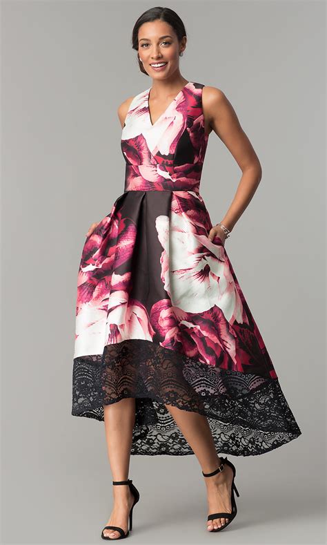 What to wear to a wedding by the sea. Floral-Print High-Low Wedding-Guest Dress with Lace