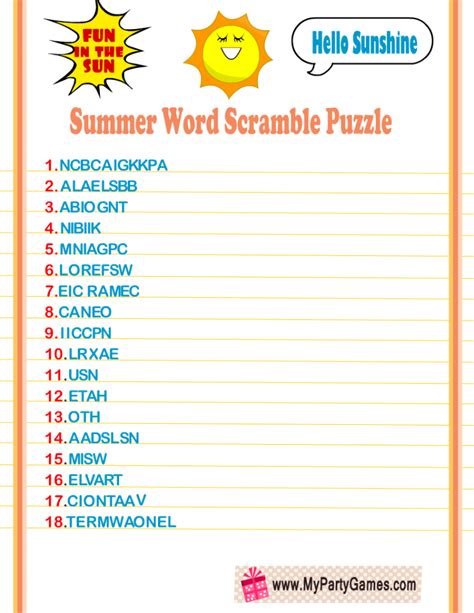 Free Printable Summer Word Scramble Puzzles