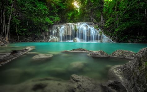 Nature Landscape Waterfall Thailand Trees Roots Green Yellow Tropical