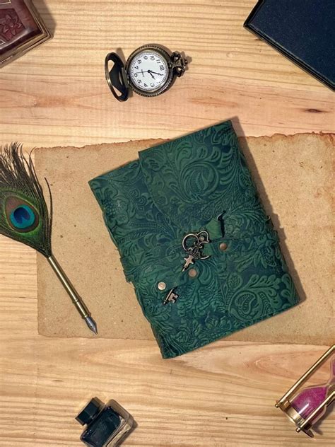 green garden flower leather journal with lock vintage lock journal refillable personal locking