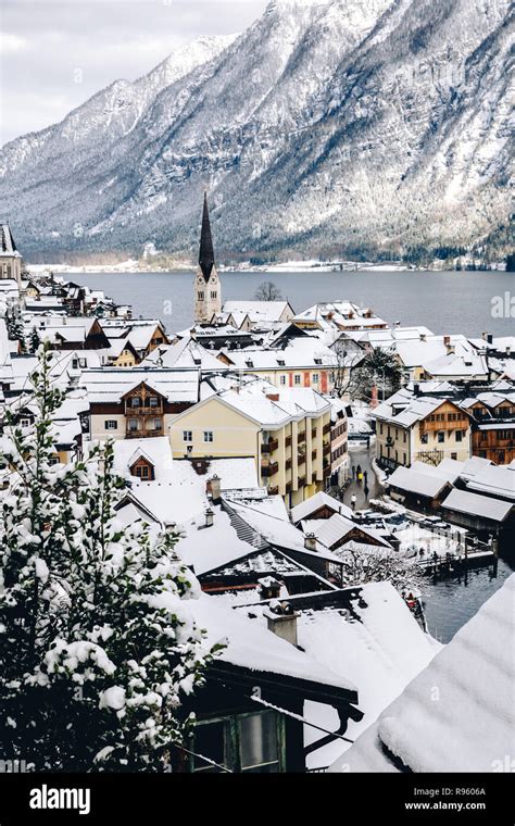Winter Snow In Hallstatt Austria Stock Photo Alamy