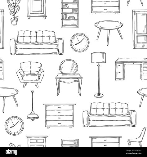 Sketch Furniture Pattern Living Room Doodle Vintage Interior Vector