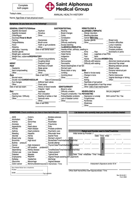 Adult Annual Health History Form Printable Pdf Download