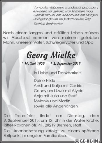 Traueranzeigen Von Georg Mielke Trauer Gedenken