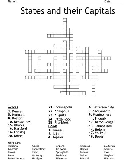 States And Their Capitals Crossword Wordmint