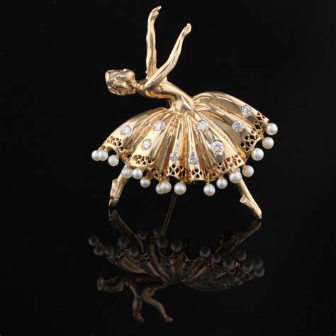 vintage estate 14k yellow gold diamond and pearl ballerina dancer pin b