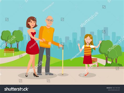 Granddaughters Elderly Father Flat Illustration Young Stock Vector