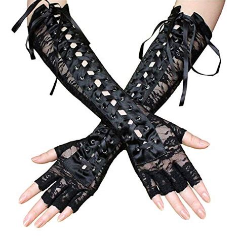 Buy Womens Sexy Lace Elbow Length Gloves Punk Fingerless Lace Up Arm